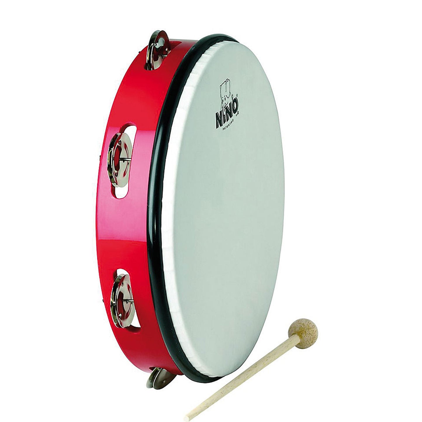 Tambourin 10" cadre en plastique ABS, peau synthétique, cymbalettes nickelées, avec mailloche bois, rouge