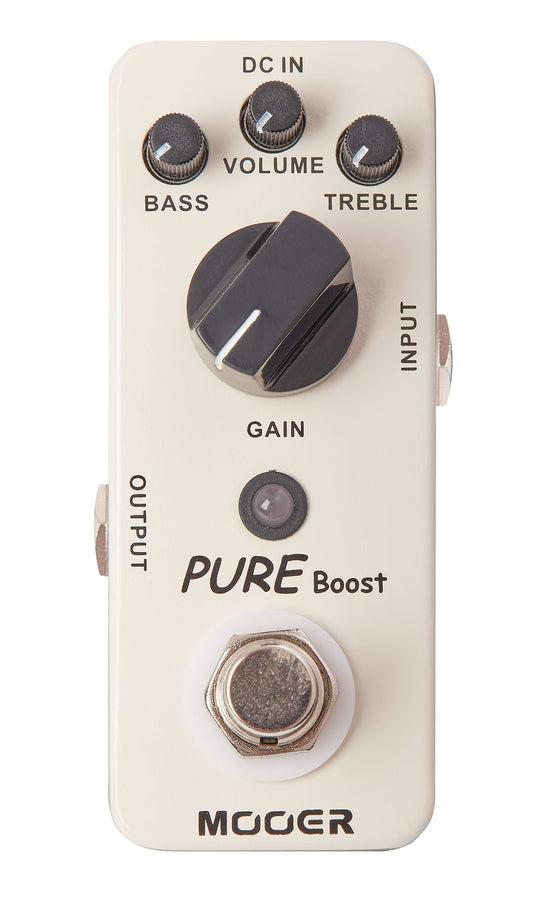 Pédale PURE BOOST, clean boost +20dB avec EQ 2 bandes, boîtier métal, true bypass, blanc