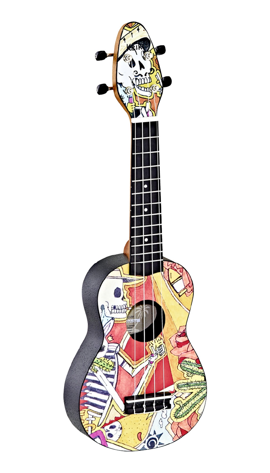 K2-EM, pack ukulélé Soprano, table agathis design"El Muerto", corps ABS galbé, manche okoumé, 12 frettes, accessoires