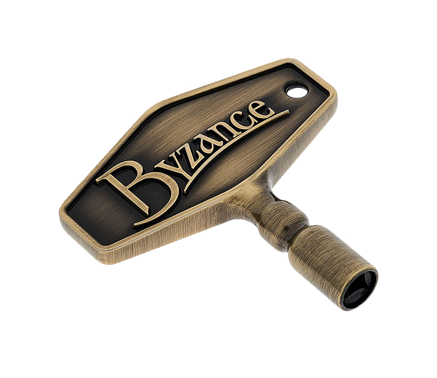 CLE BATTERIE MEINL BYZANCE, BRONZE ANTIQUE, LOGO BYZANCE GRAVE, FINITION BROSSEE