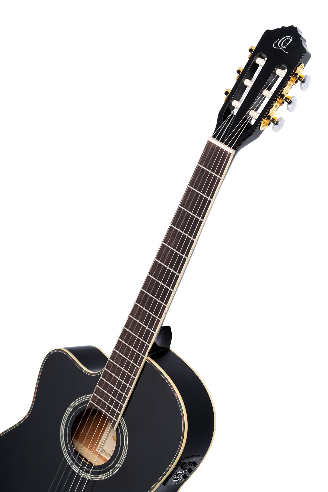 RCE145L, modèle gaucher à caisse fine, pan coupé, EQ MagusPro, table épicéa massif, manche acajou (sillet 48 mm), noir brillant