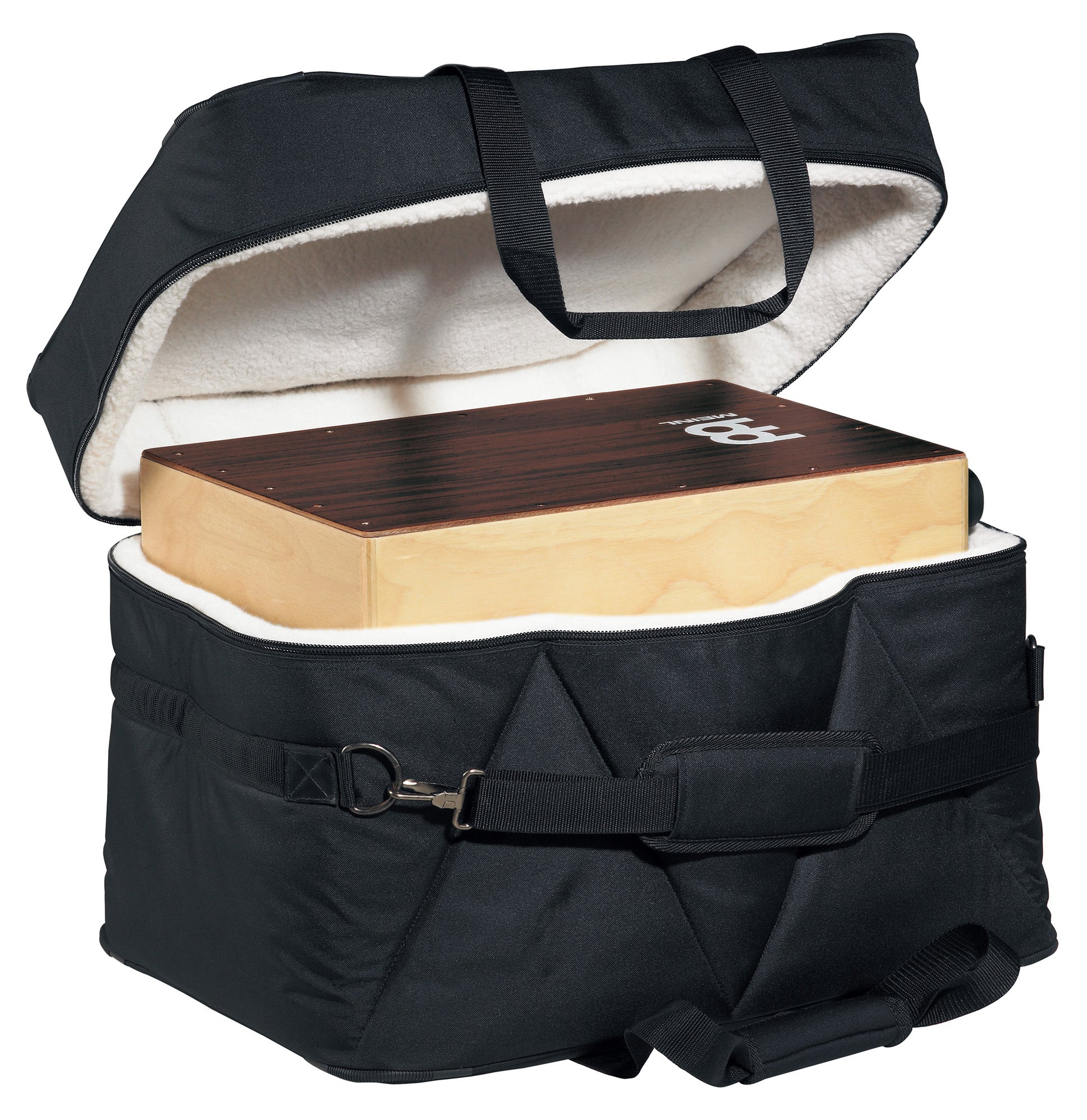 Housse cajon luxe large, nylon rembourré 20 mm, fourrure synthétique, poignée, sangle rembourrée, 60x43x38cm, noir