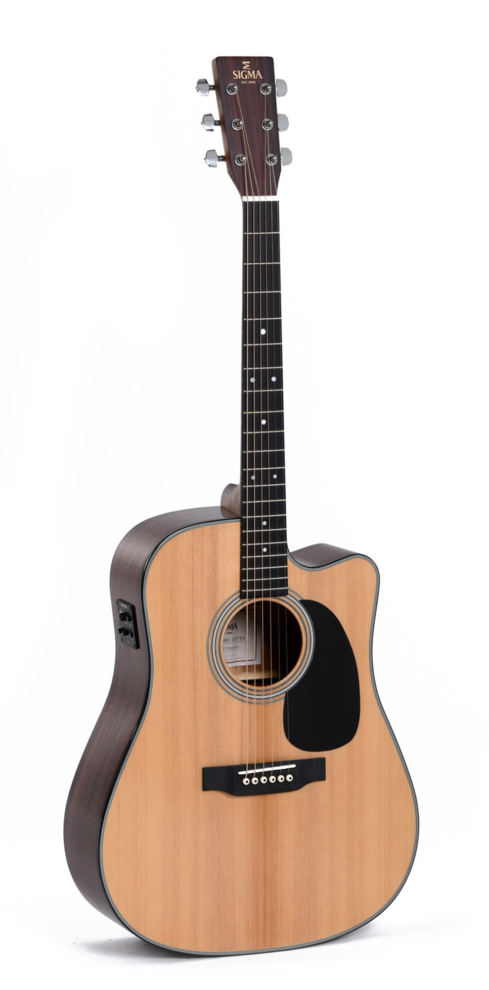 Modèle DMC-1E, Dreadnought pan coupé, table épicéa massif, f/e acajou, touche micarta, EQ Fishman, naturel brillant