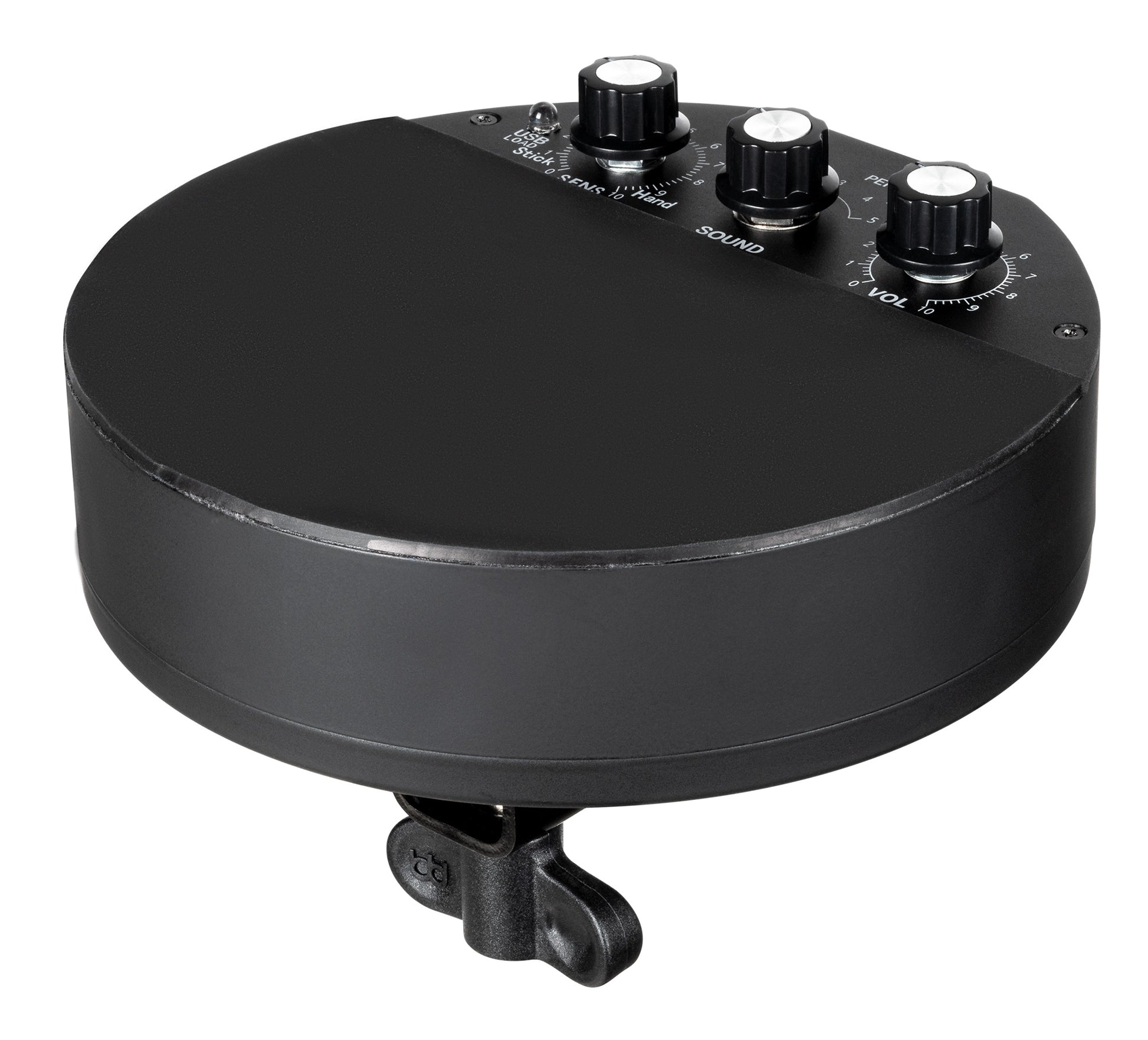 Pad de percussion compact électronique avec 5 sons différents, batterie rechargeable et adaptable à une perche de cymbale