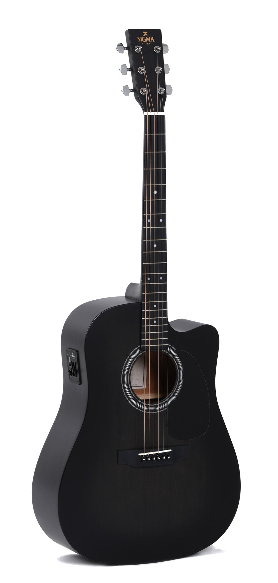 Modèle DMCE-BKB, Dreadnought pan coupé, table épicéa massif, f/e acajou, touche micarta, EQ Sigma, noir dégradé satiné