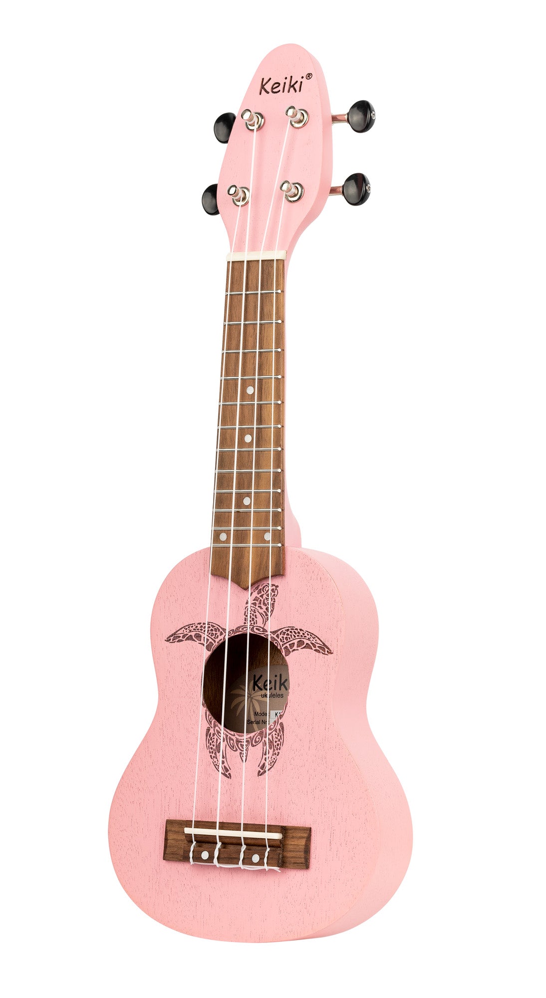 K1-PNK, ukulélé Sopranino, table okoumé avec motif tortue, fond & éclisses okoumé, manche okoumé, rose pores ouverts