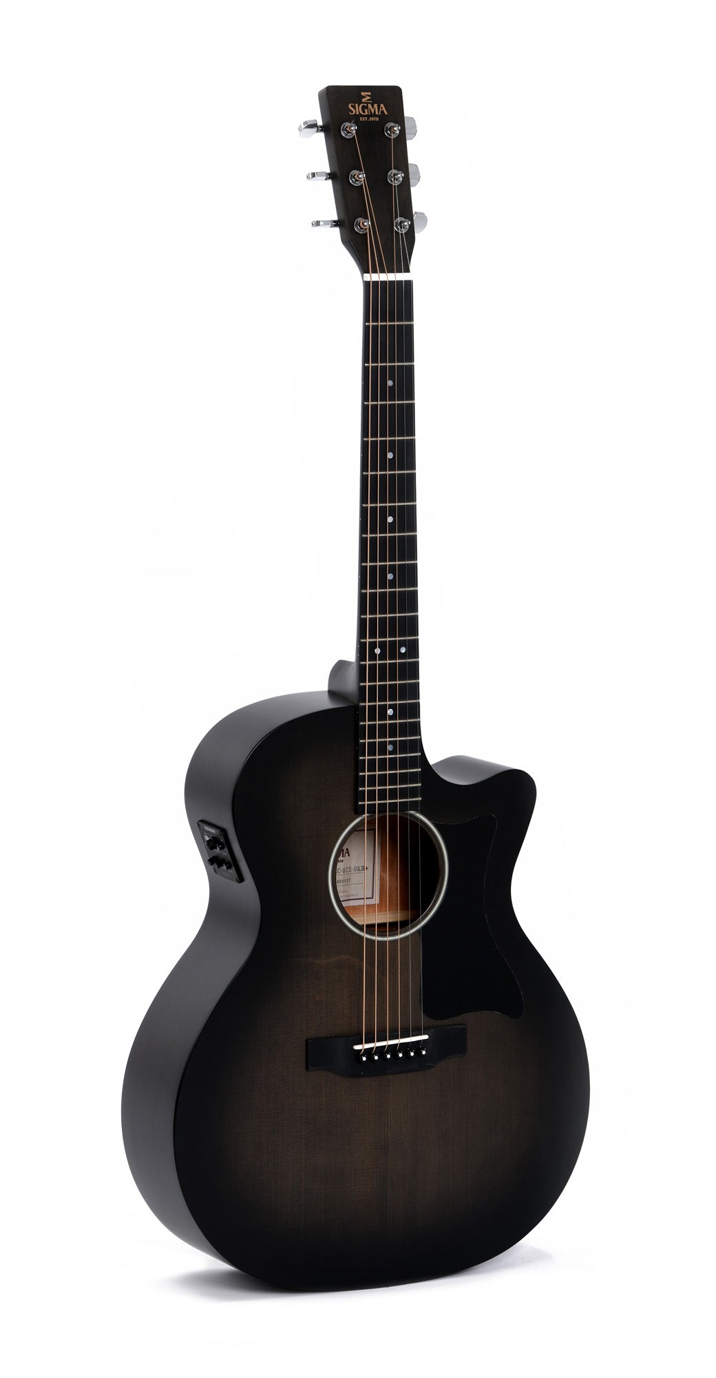 Modèle GMC-STE-BKB, Grand OM pan coupé, table épicéa massif, f/e acajou, touche micarta, EQ Fishman, noir dégradé satiné