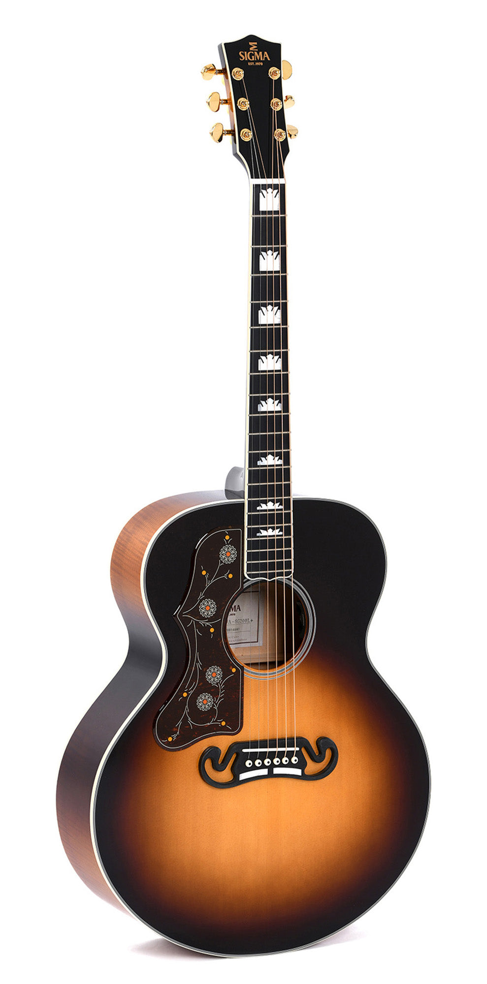 Modèle GJA-SG200L, Grand Jumbo, table épicéa massif, f/e érable flammé, touche micarta, EQ Fishman, soft case, sunburst, gaucher