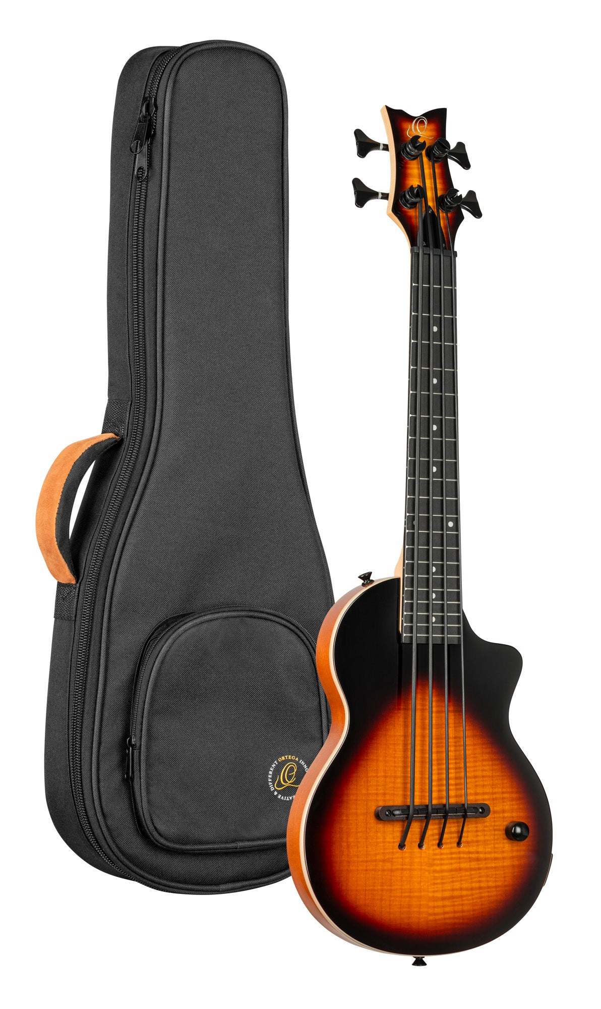 NEO-BS-TSB, modèle Ukebass, pan coupé, EQ MagusExpress, table érable flammé, corps okoumé, manche érable, housse, tobacco burst