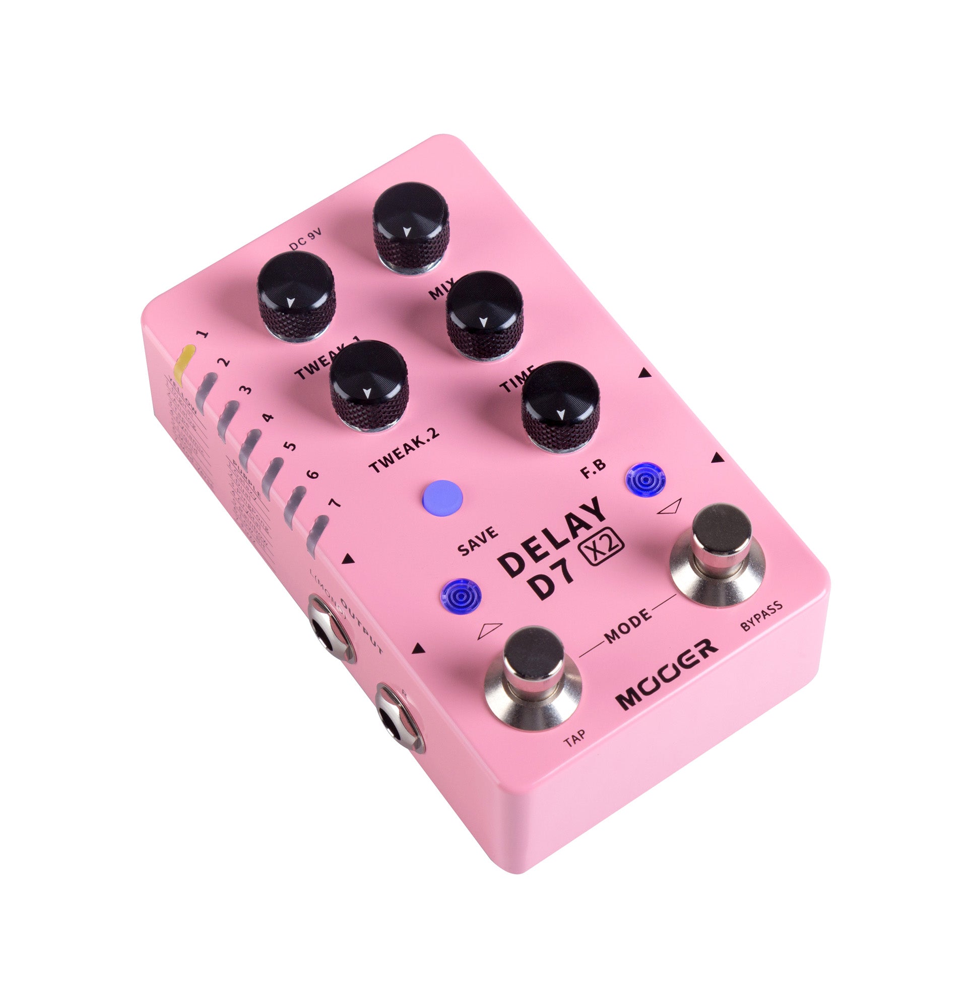 Pédale D7 DELAY X2, 14 types de délais personnalisables, 14 presets utilisateurs, boîtier métal, rose