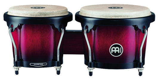 Paire bongos 6"3/4 & 8", hévéa, peaux buffle, crochets 8 mm, cercles arrondis 2mm, accast. noir poudré, Wine Red Burst brillant