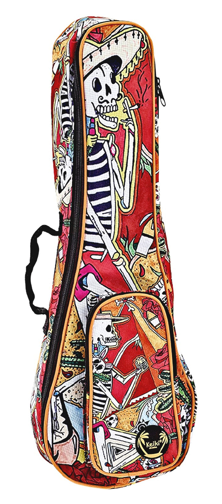 Housse Ukulélé Concert, design"El Muerto", nylon doux et solide, rembourrage 10 mm, courroies ajustables, poche accessoires