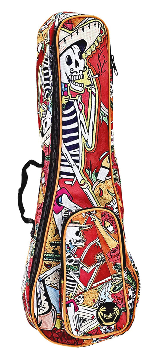 Housse Ukulélé Concert, design"El Muerto", nylon doux et solide, rembourrage 10 mm, courroies ajustables, poche accessoires