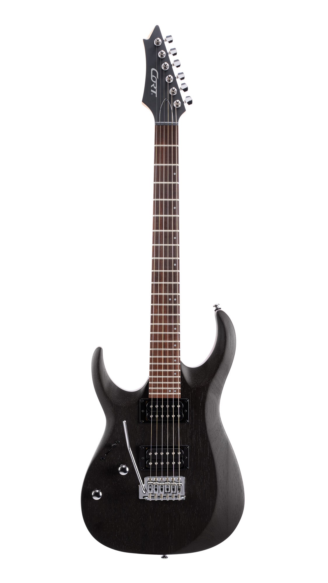 X100, corps meranti, manche érable, touche jatoba, trémolo 6 points, 2 doubles Powersound, noir pores ouverts, modèle gaucher