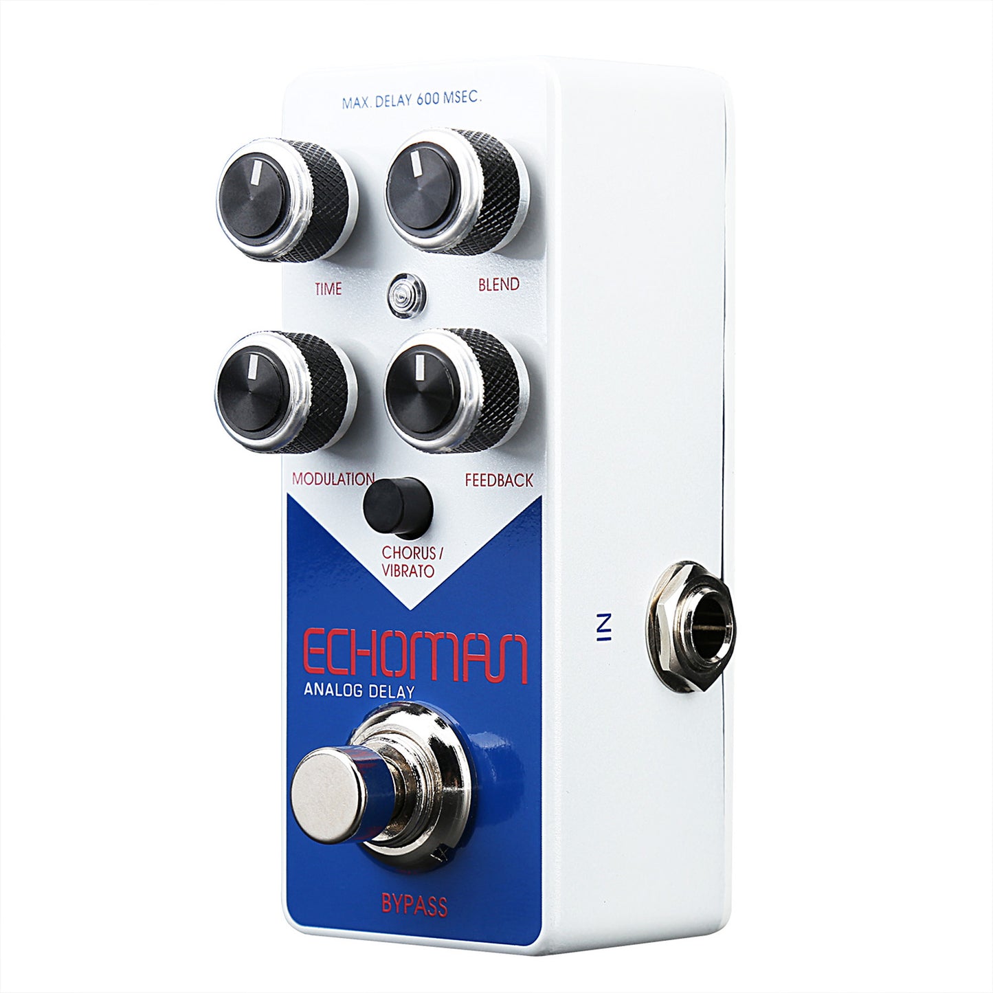 Pédale d'effet ECHOMAN, délai type analogique (jusqu'à 600 ms), modulation (CHORUS/VIBRATO), buffered bypass, blanc et bleu