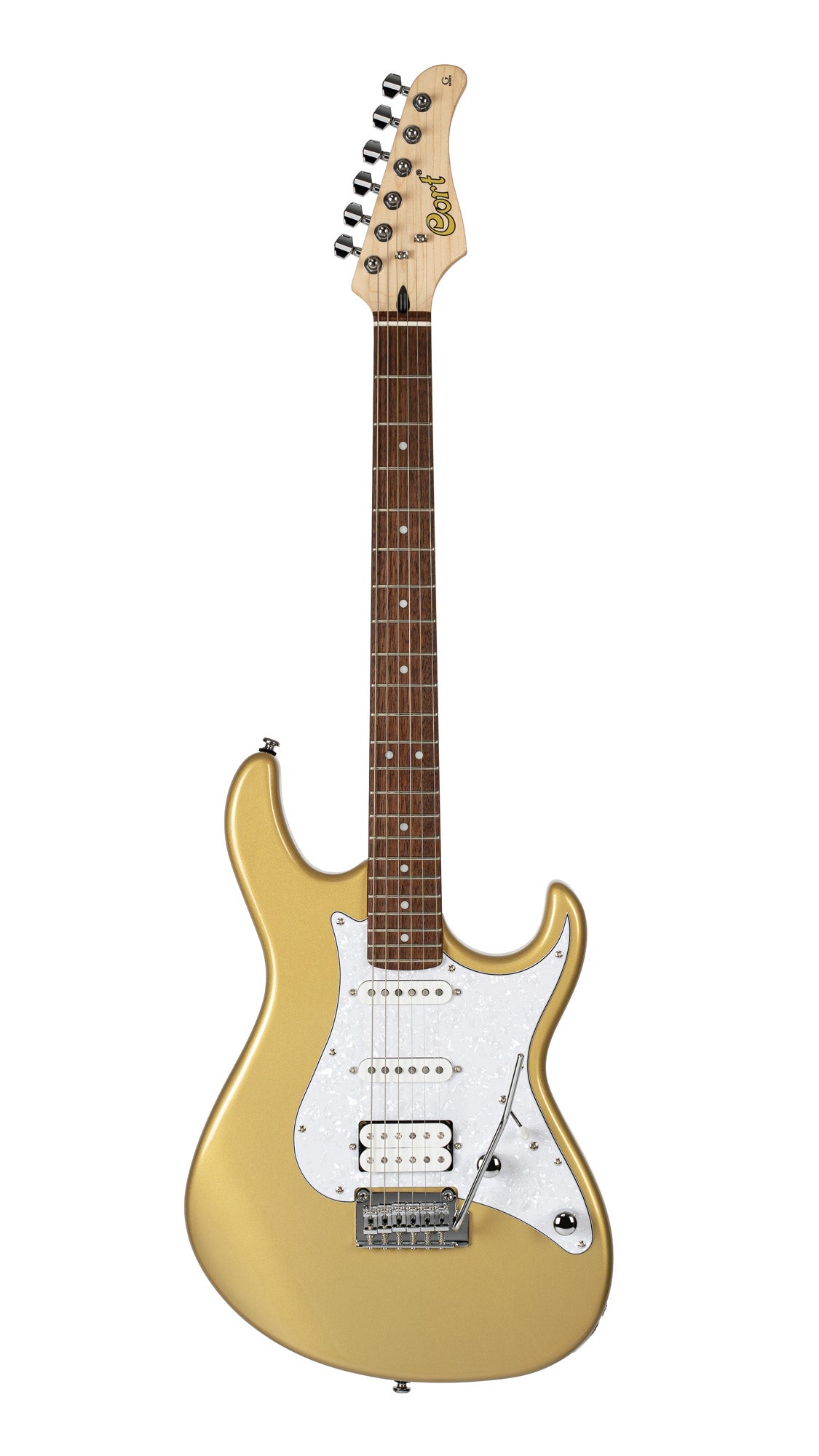 G250, corps tilleul, manche érable, touche jatoba, 1 micro double et 2 simples Cort Alnico V, trémolo, champagne or métallisé