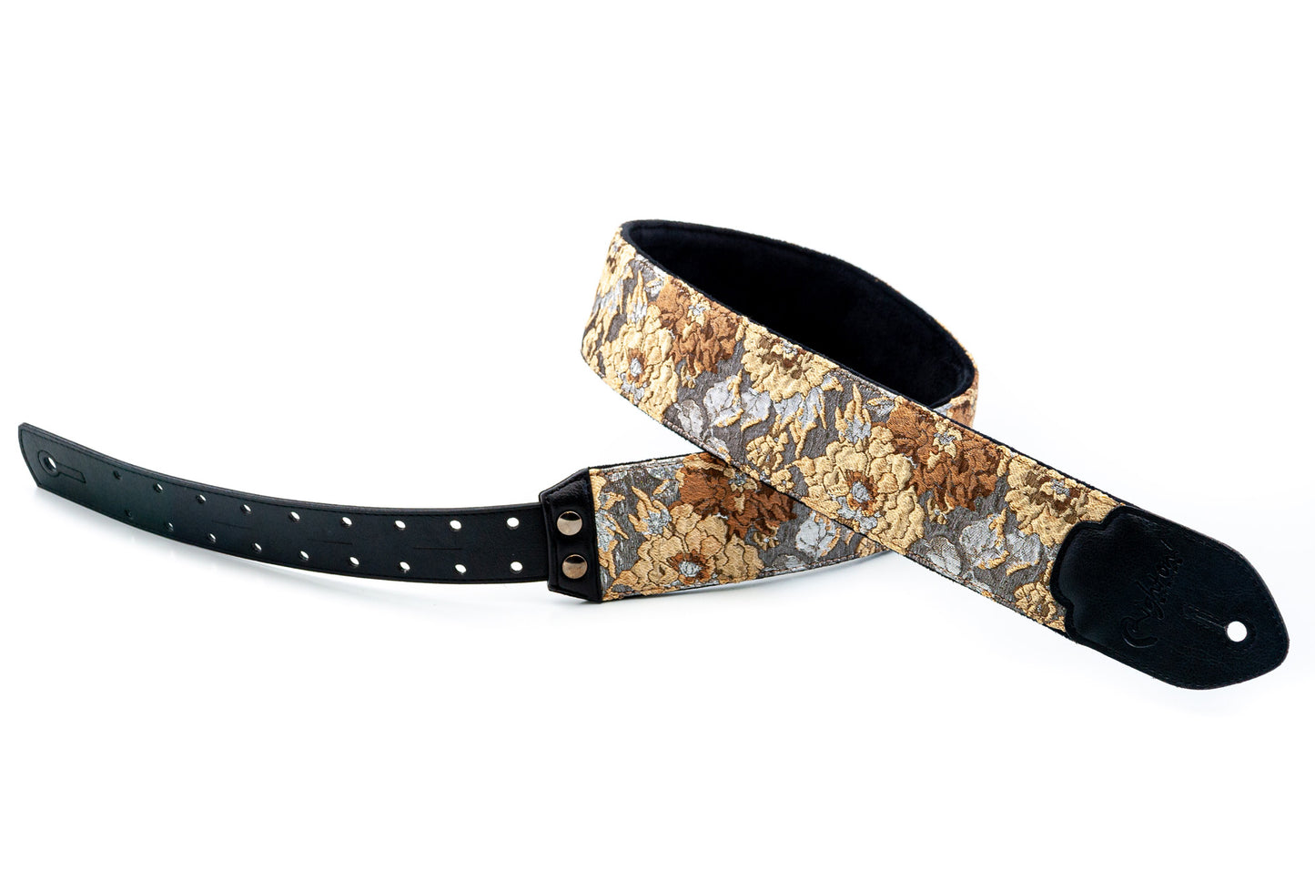 Courroie modèle GOLD & ROSES, extérieur synthétique et tissu, largeur 7 cm, longueur 95 à 150 cm, porte-médiators, beige
