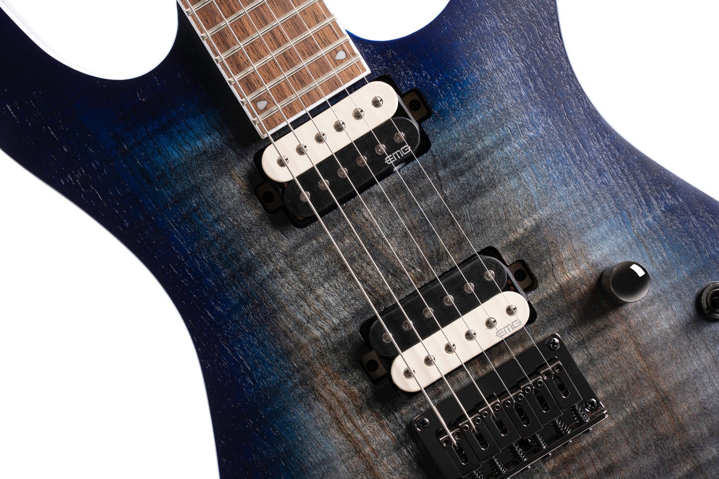 KX300, corps acajou, table érable figuré, manche vissé érable, touche jatoba, micros EMG RetroActive, cobalt burst pores ouverts