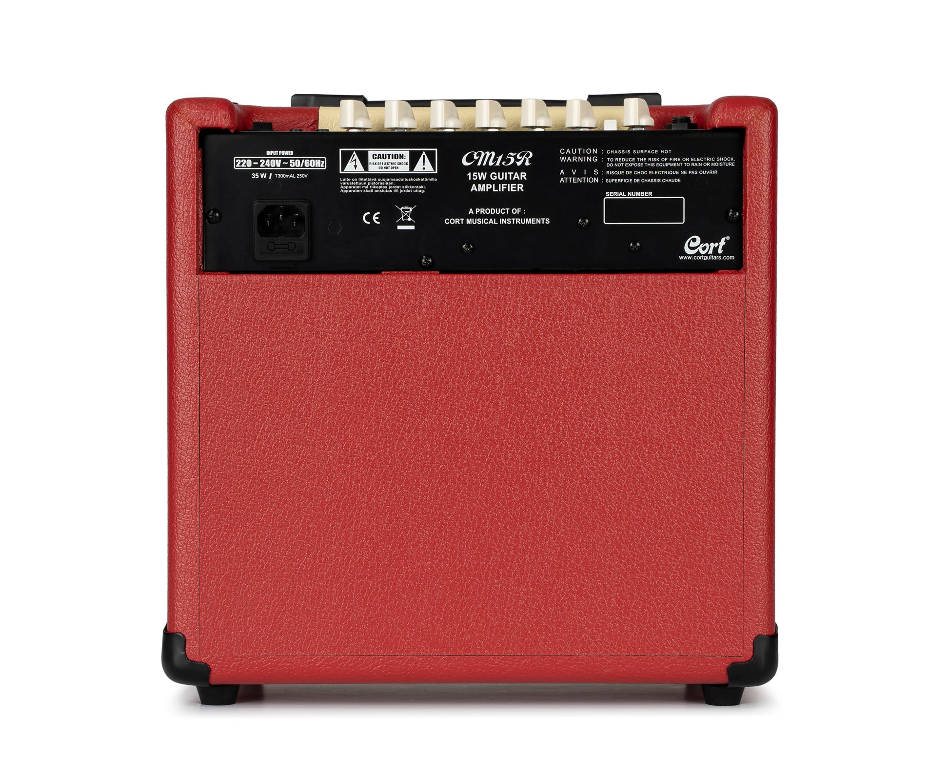 Ampli guitare 15W, 1 x 8", 2 canaux, égaliseur 3 bandes, réverb, entrée CD/MP3 mini-Jack, sortie casque mini-Jack, rouge