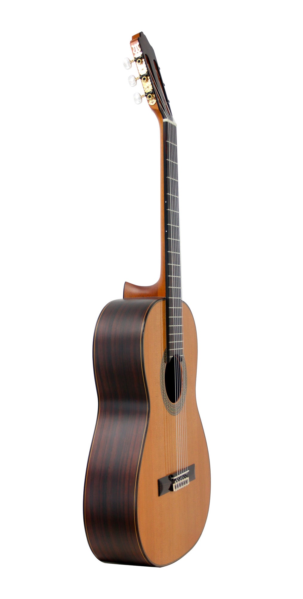 MOD.7, table cèdre massif, fond & éclisses palissandre, touche palissandre, satiné, table brillante