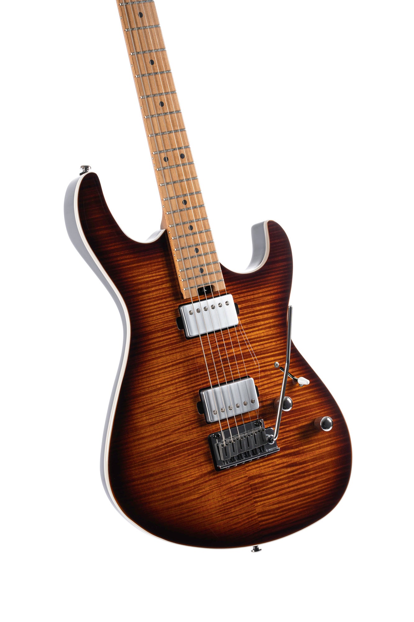 G290 FAT II, corps sassafras, table érable flammé, manche et touche érable torréfié, 2 micros Voiced Tone VTH-77, violin burst