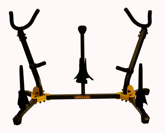 Support pliable pour 2 saxophones alto ou ténor avec 3 cônes additionnels (1 pour sax soprano et 2 pour flûte ou clarinette)