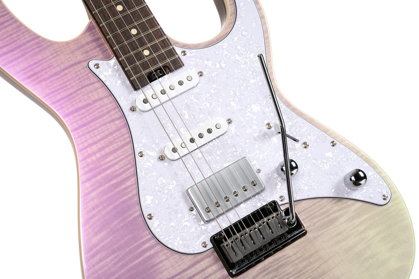 G280 SELECT, corps aulne, table érable flammé, 2 micros simples et 1 double Voiced Tone, trans chameleon purple