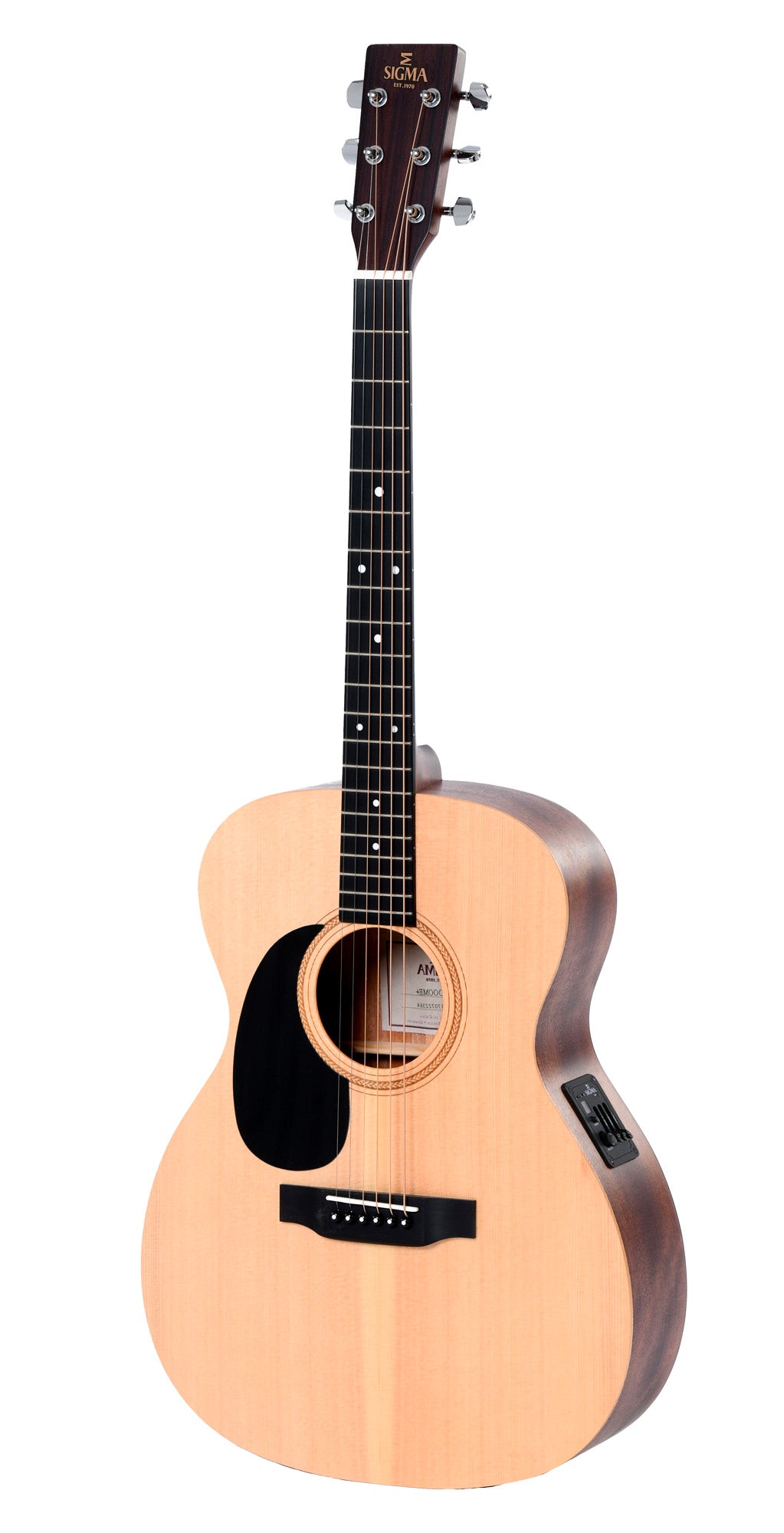 Modèle 000MEL, Forme 000, table épicéa massif, f/e acajou, touche micarta, EQ Sigma, naturel satiné, gaucher