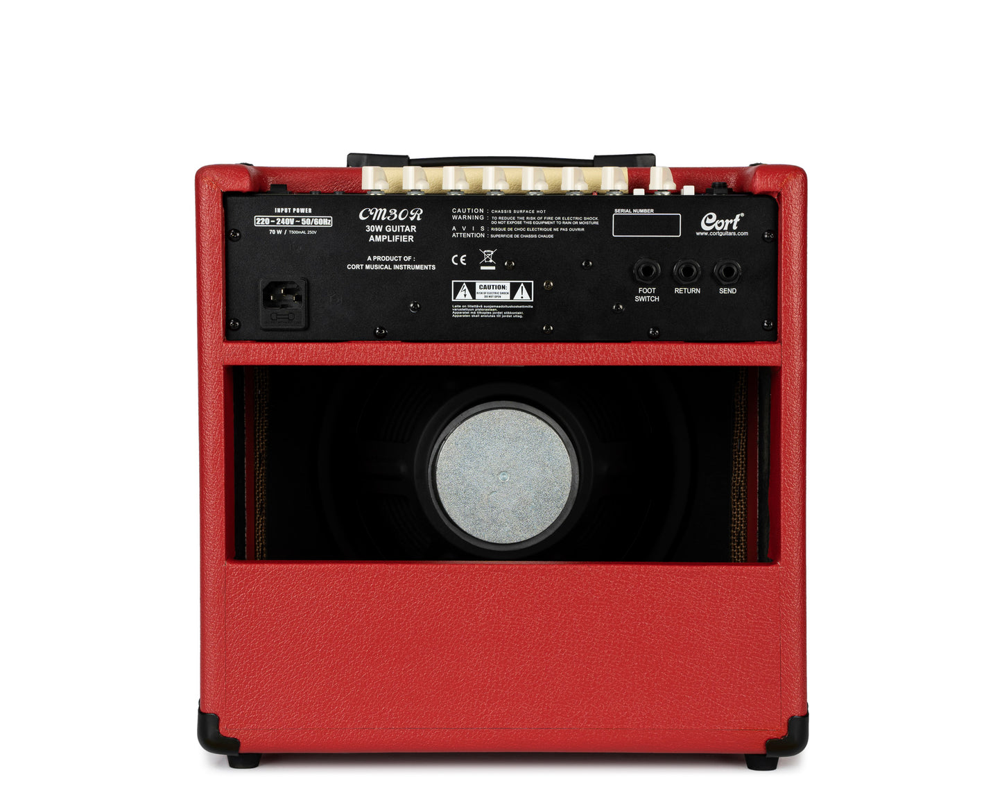 Ampli guitare 30W, 1x 10", 2 canaux, égaliseur 3 bandes, réverb, entrée Bluetooth, entrée CD/MP3 mini-Jack, rouge