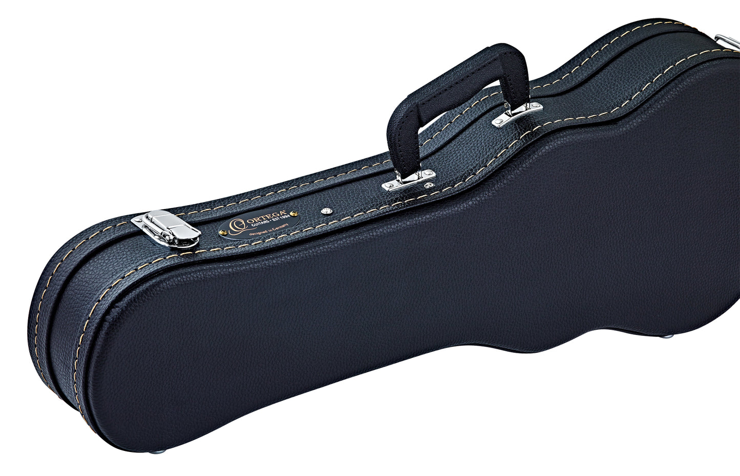 Etui bois pour ukulélé Soprano, avec surpiqures et logo, noir