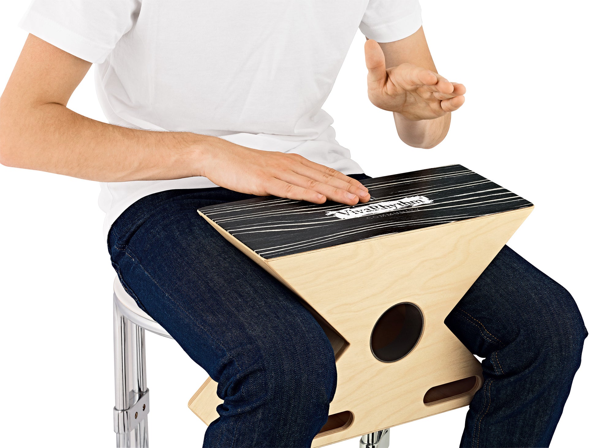 X-CAJON VIVA RHYTHM FAÇADE STRIPED ONYX, CORPS EN BOULEAU BALTIQUE, FORME EN X CONFORTABLE ET UNIQUE, FINITION NATUREL