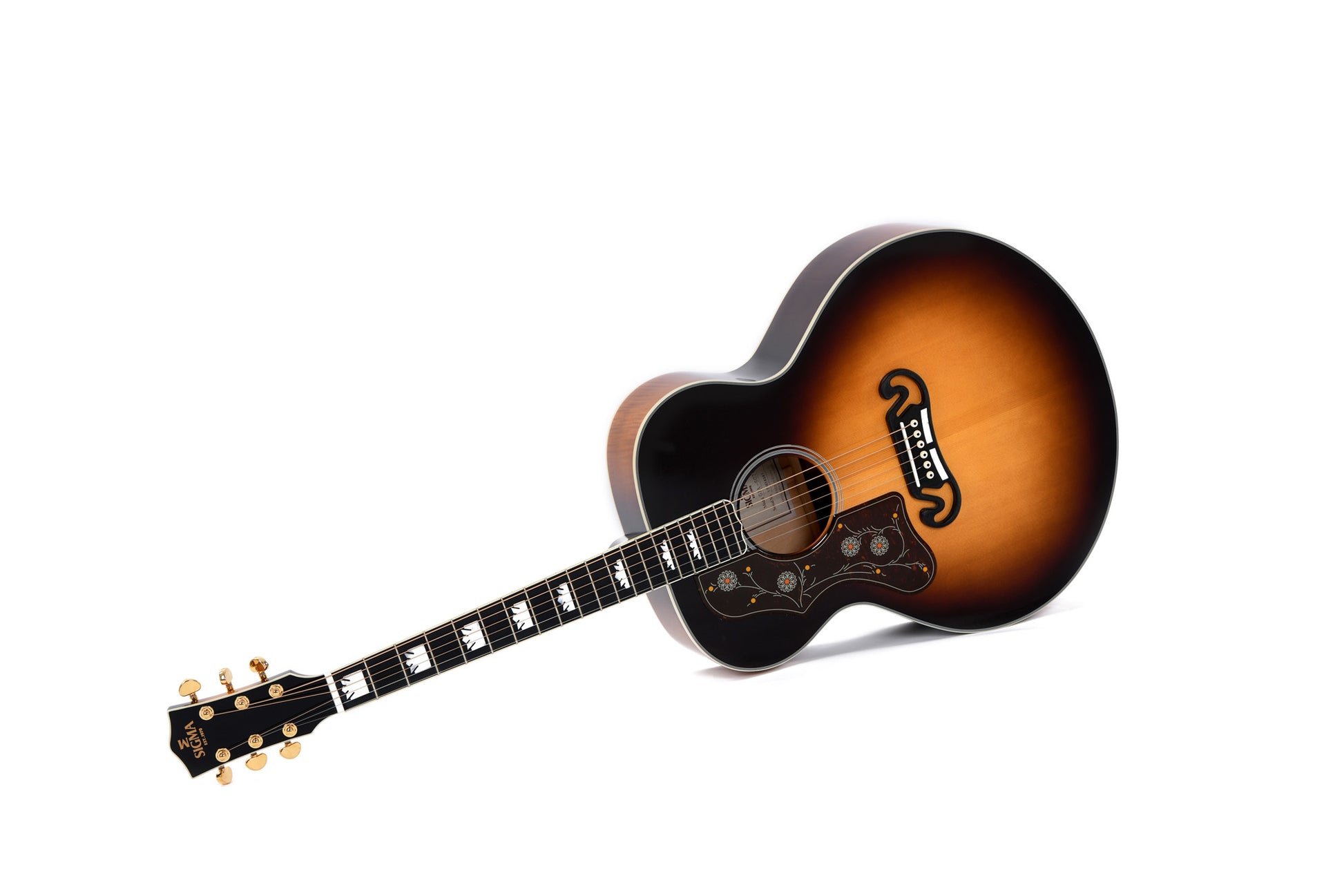 Modèle GJA-SG200L, Grand Jumbo, table épicéa massif, f/e érable flammé, touche micarta, EQ Fishman, soft case, sunburst, gaucher