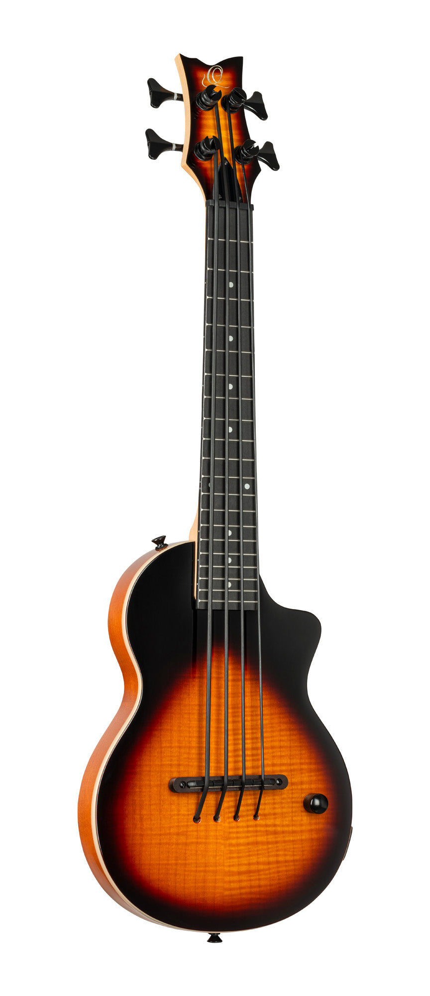 NEO-BS-TSB, modèle Ukebass, pan coupé, EQ MagusExpress, table érable flammé, corps okoumé, manche érable, housse, tobacco burst