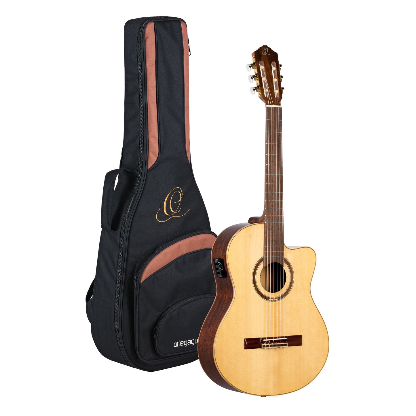 RCE138SN, modèle Slim Neck, pan coupé, EQ MagusPro, table épicéa massif, f/e sapele, manche acajou (sillet 48 mm), housse