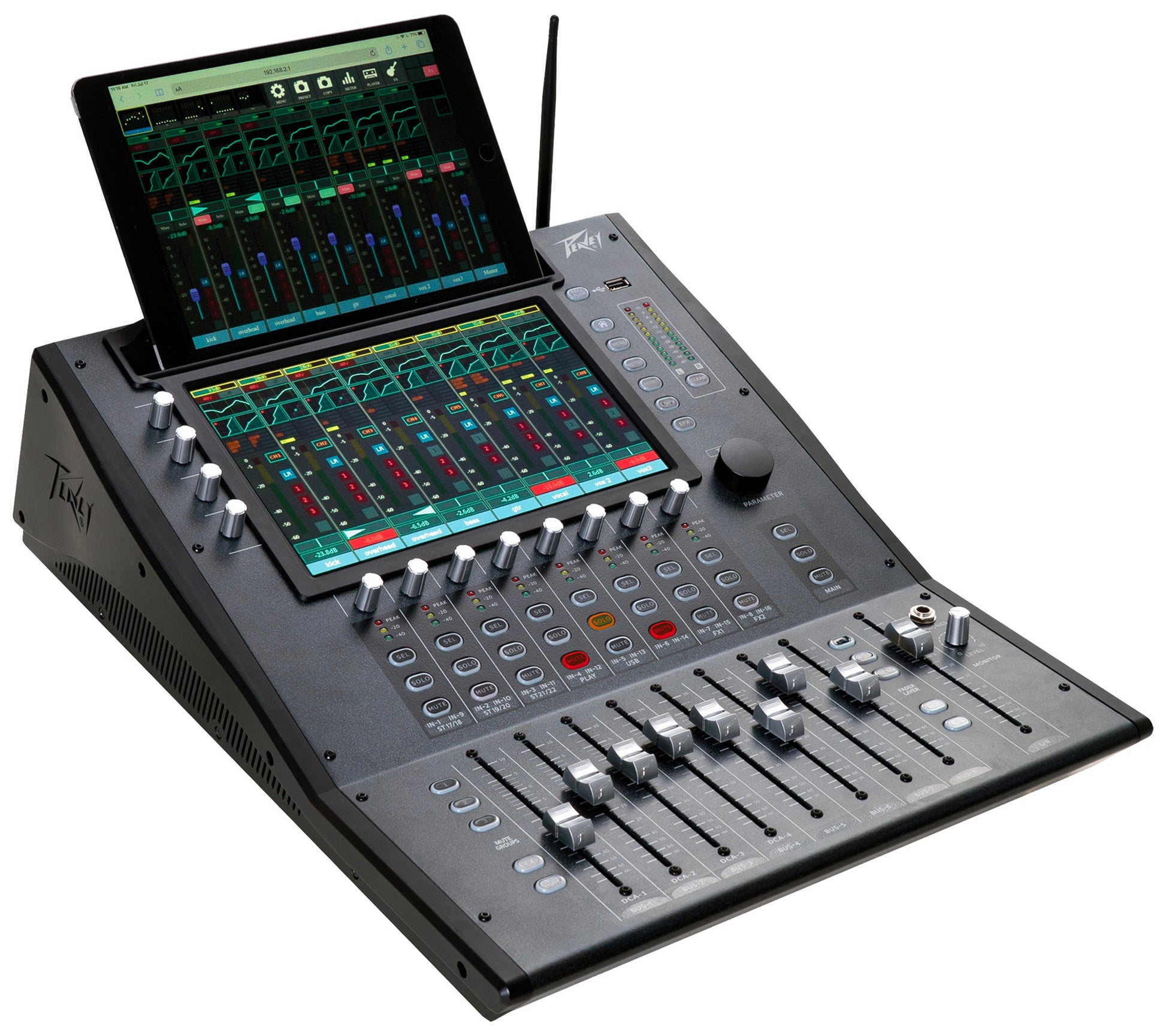 Console de mixage numérique, 28 entrées/ 14 sorties, écran tactile 10", fonction Bluetooth, USB, Wifi, finition gris/noir