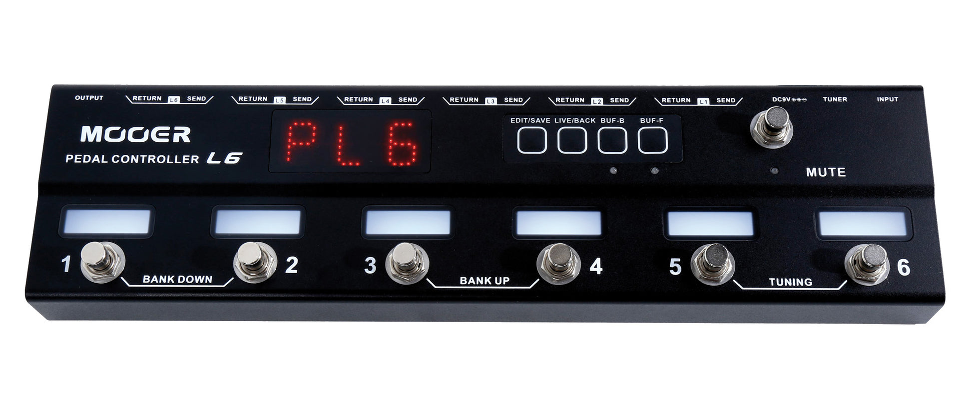 Pédalier de contrôle CONTROLLER L6, 6 switchs, programmable, 2 modes (Live/Play), 6 banques, 2 buffers, accordeur intégré, noir