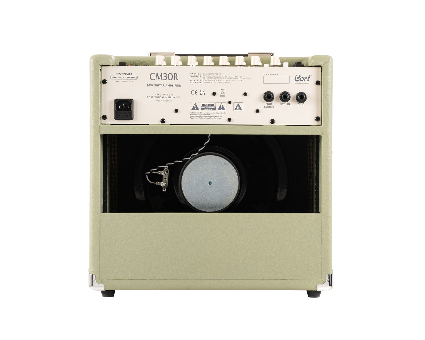 Ampli guitare 30W, 1x 10", 2 canaux, égaliseur 3 bandes, réverb, entrée Bluetooth, entrée CD/MP3 mini-Jack, vert pale