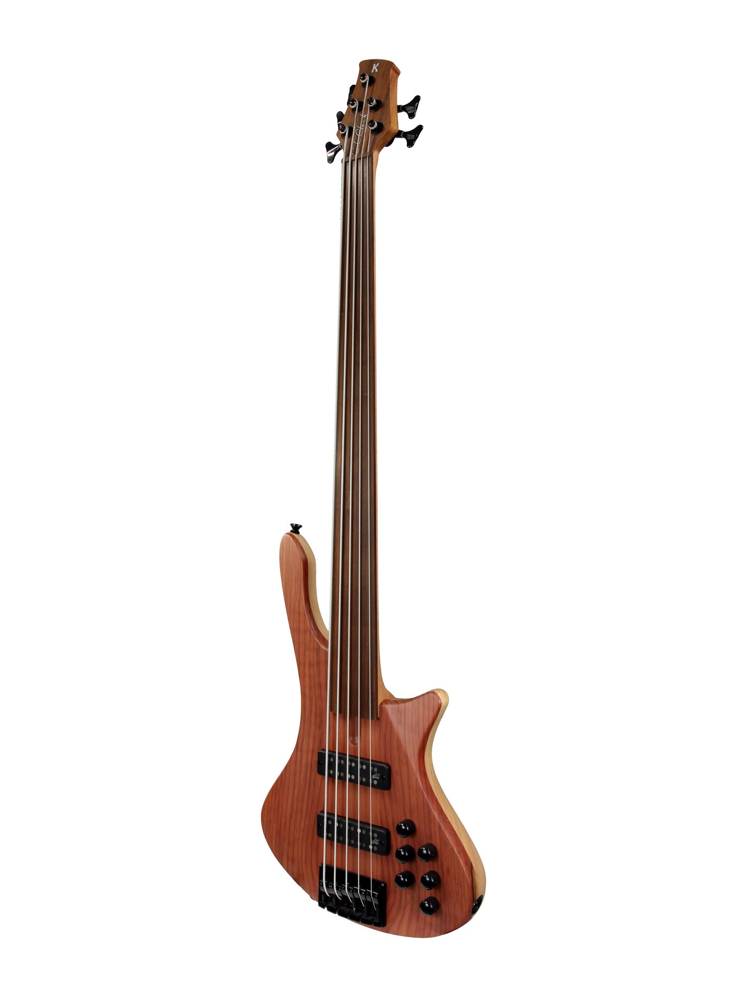 Basse Long Lady 5, diapason 35", fretless, corps bunya, table redwood, micros et électronique Aguilar, housse, naturel