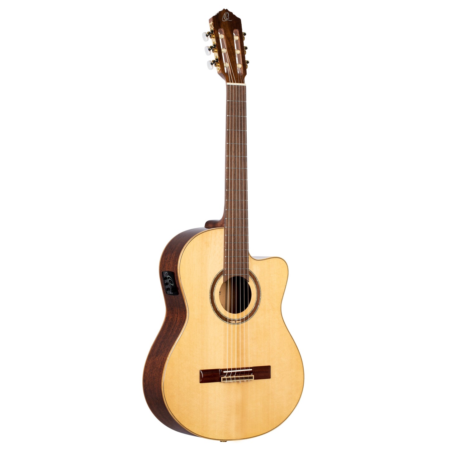 RCE138SN, modèle Slim Neck, pan coupé, EQ MagusPro, table épicéa massif, f/e sapele, manche acajou (sillet 48 mm), housse