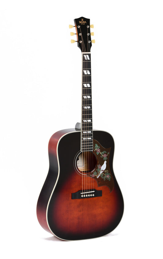 Modèle DA-SG7, Dreadnought, table épicéa massif, f/e érable flammé, touche micarta, EQ Fishman, soft case, sunburst