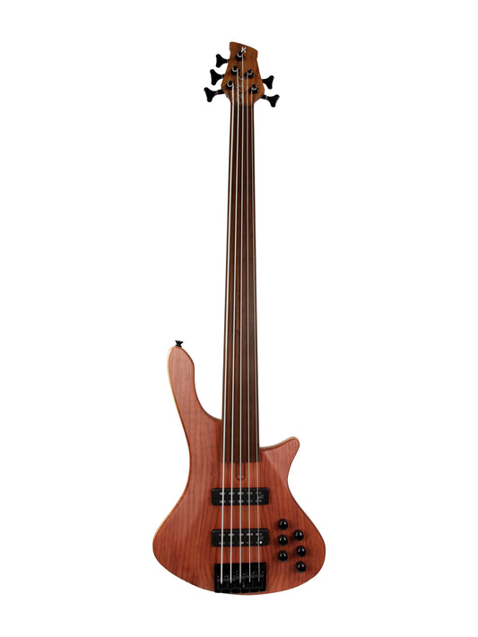 Basse Long Lady 5, diapason 35", fretless, corps bunya, table redwood, micros et électronique Aguilar, housse, naturel