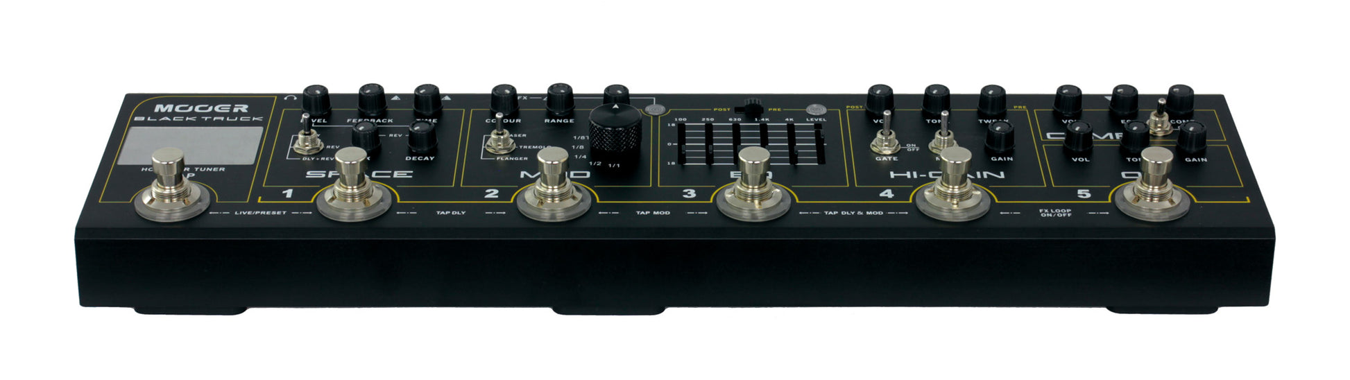 Pédalier BLACK TRUCK, 6 pédales d'effet (Compresseur, Overdrive, Distorsion, EQ, Modulation, Délai/Réverb), noir