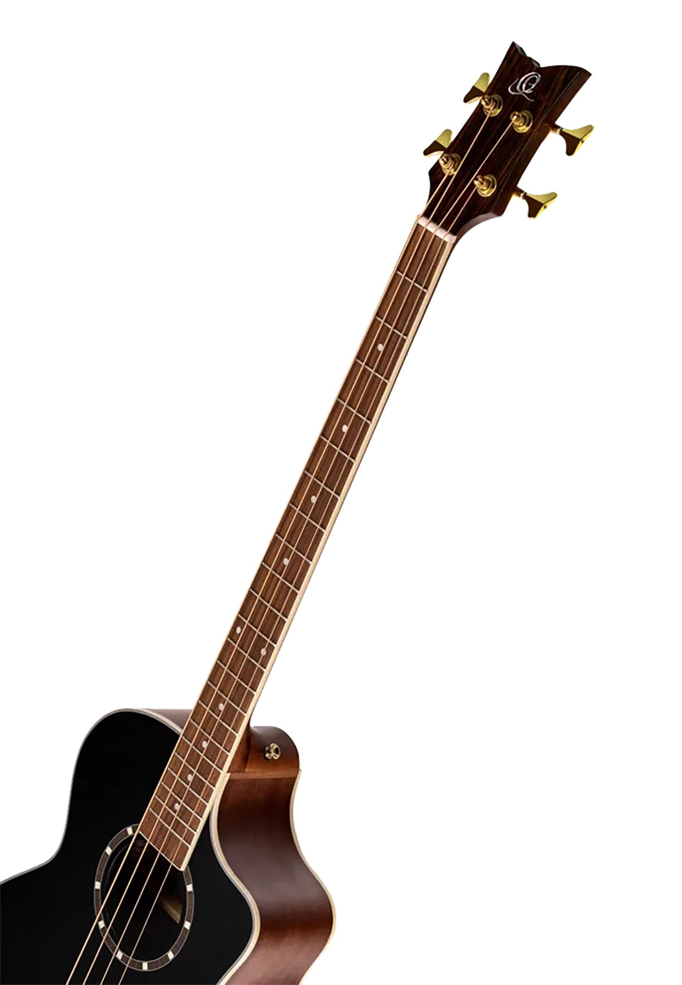 D8CE-4, basse 4 cordes, pan coupé, EQ Ortega MagusPro, table épicéa, f/e acajou, manche acajou, noir brillant