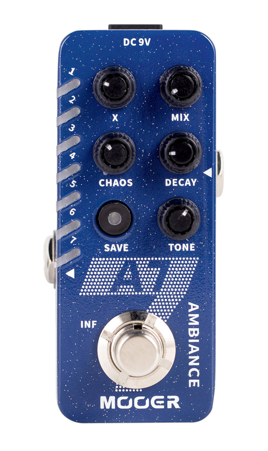 Pédale A7 AMBIANCE, 7 types de réverbs personnalisables, tap tempo, 7 presets utilisateurs, boîtier métal, bleu