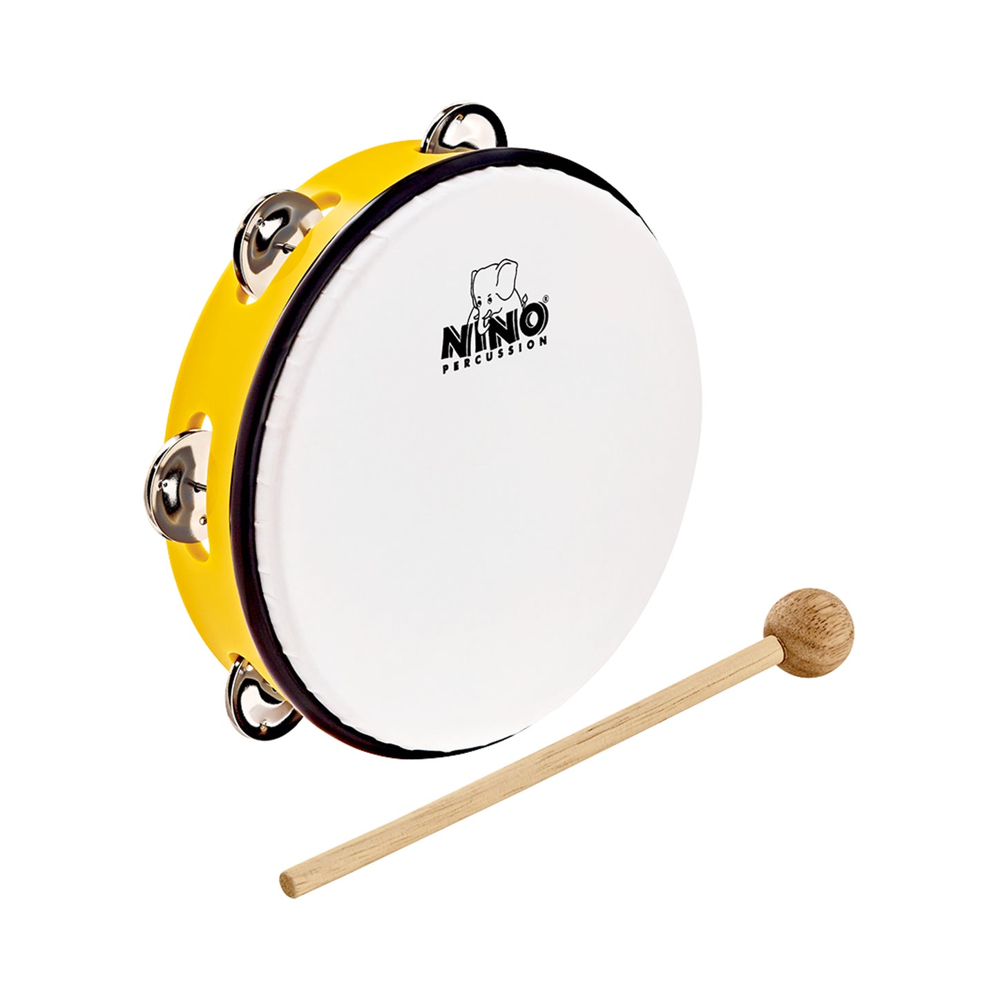 Tambourin Nino 8" cadre en plastique ABS, peau synthétique, cymbalettes nickelées, avec mailloche bois, jaune
