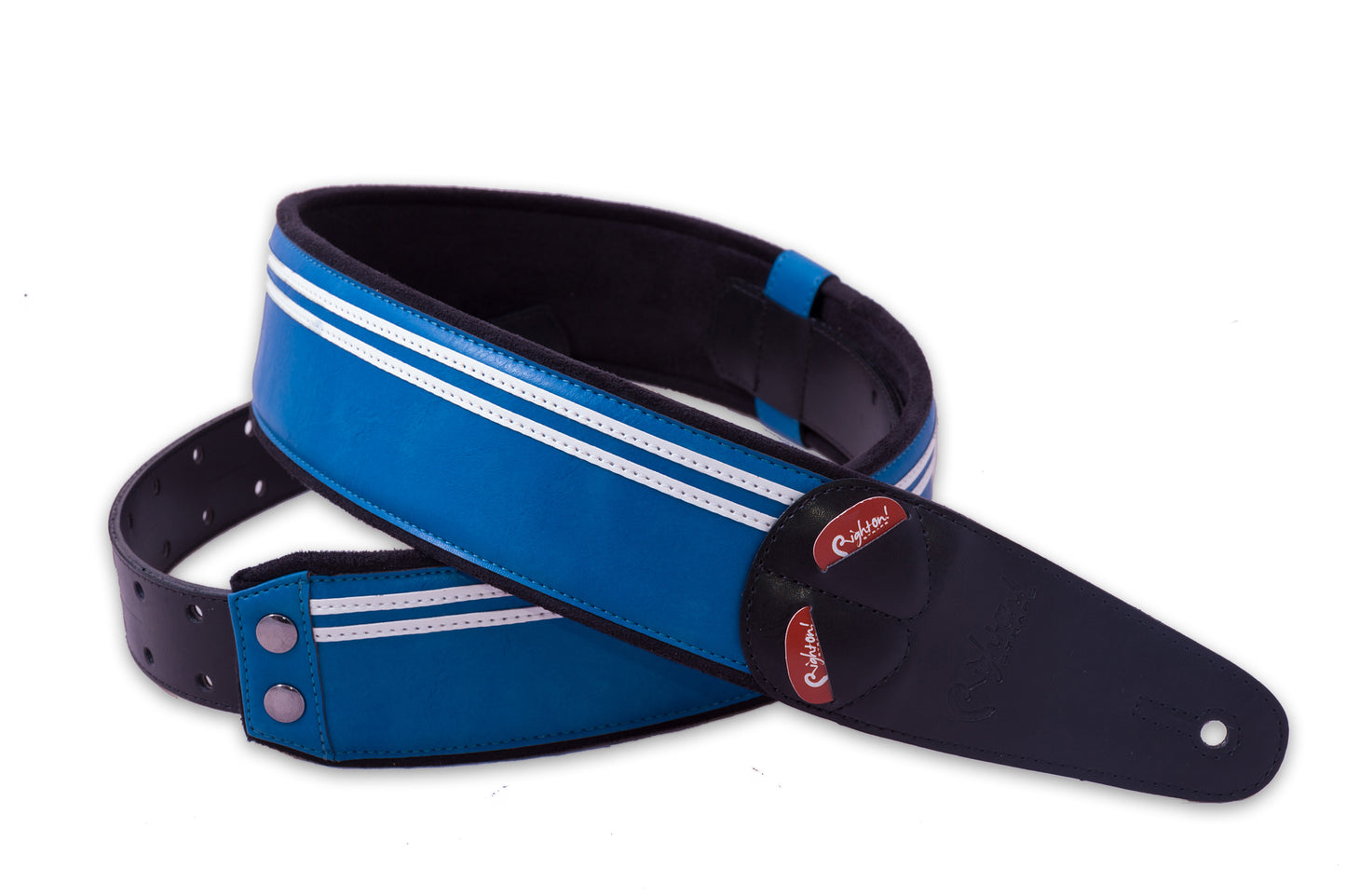 Courroie modèle RACE, extérieur synthétique, largeur 6 cm, longueur 100 à 145 cm, porte-médiators intégré, bleu