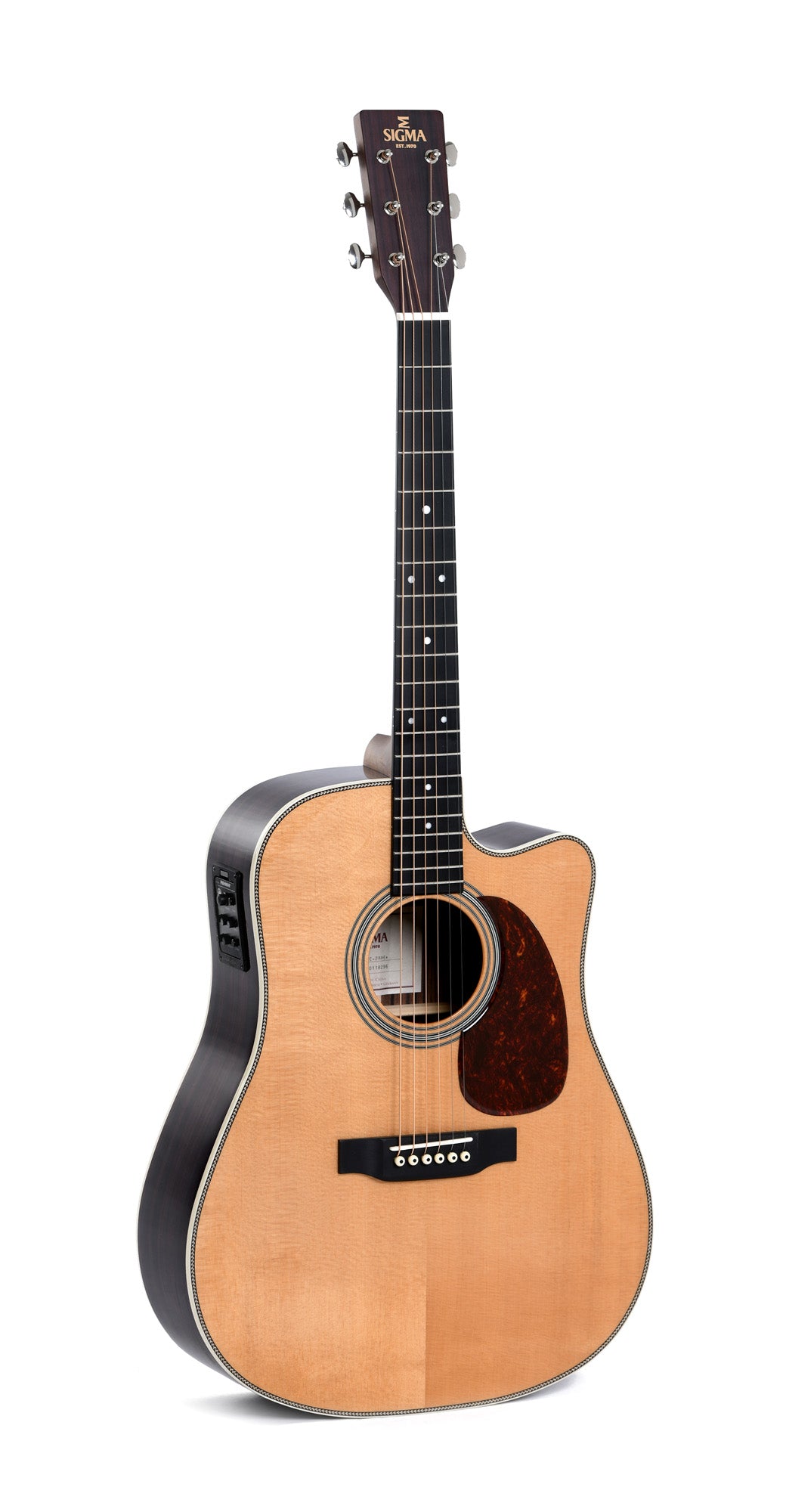 Modèle DTC-28HE, Dreadnought pan coupé, table épicéa massif, f/e tilia, touche micarta, EQ Fishman, naturel brillant