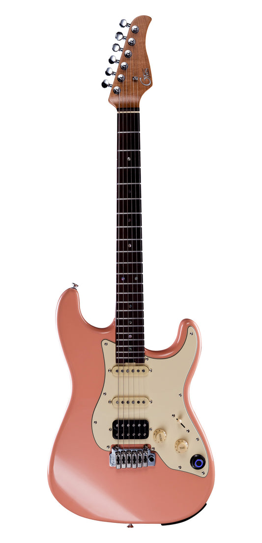 GTRS P800, corps aulne, manche érable flammé torréfié, touche palissandre, micros et processeur GTRS, flamingo pink