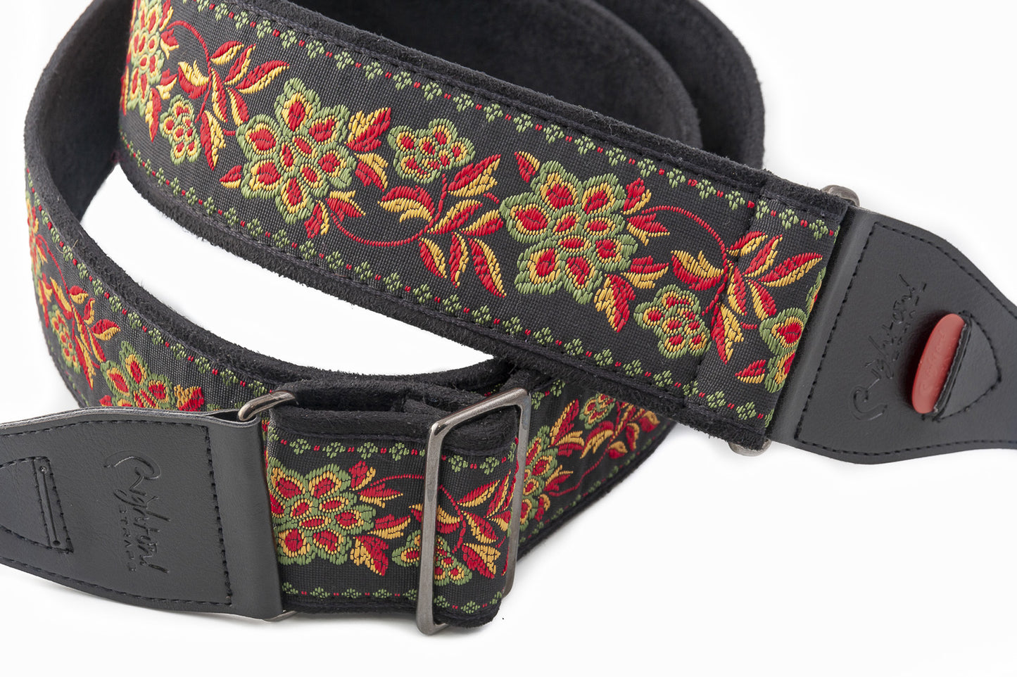 Courroie modèle ROSES II, tissu Jacquard, largeur 6 cm, longueur 90 à 150 cm, porte-médiators intégré, noir