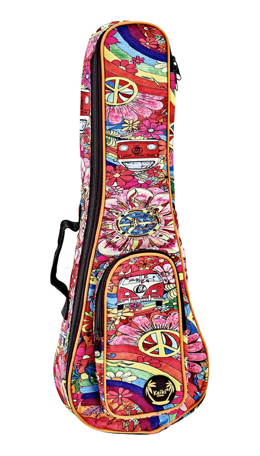 Housse Ukulélé Soprano, design"Peace 68", nylon doux et solide, rembourrage 10 mm, courroies ajustables, poche accessoires